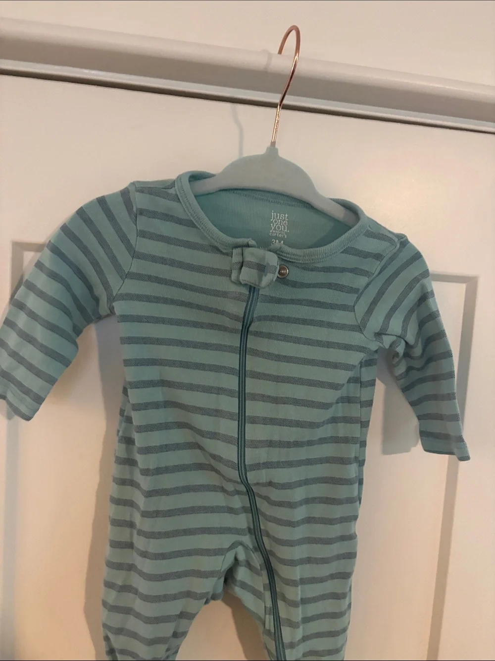 Just One You Carter’s Striped Teal Baby Onesie Footie 3M Baby Boy